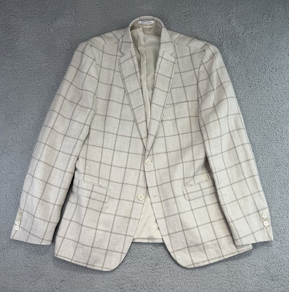 Lauren Ralph Lauren Blazer Men's 42L Beige Linen Blend Slim Fit Plaid Sport Coat